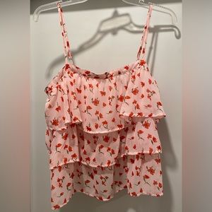 Forever 21 Pink & Red Floral Poppies Ruffled Long-Cropped Cami Tank Top - Size L